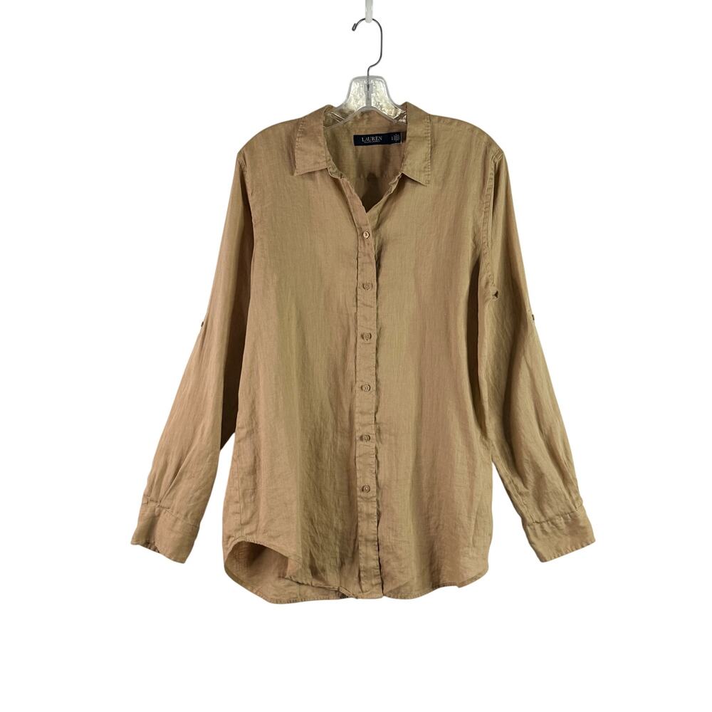 Lauren Ralph Lauren Relaxed Fit Linen Button Up Shirt Roll Tab Birch Beige Large